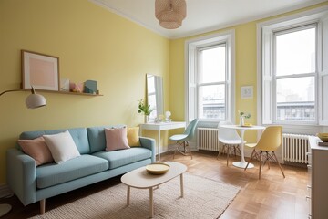 Fototapeta premium Bright Studio Apartment with Pastel Yellow Walls and Contemporary Furniture