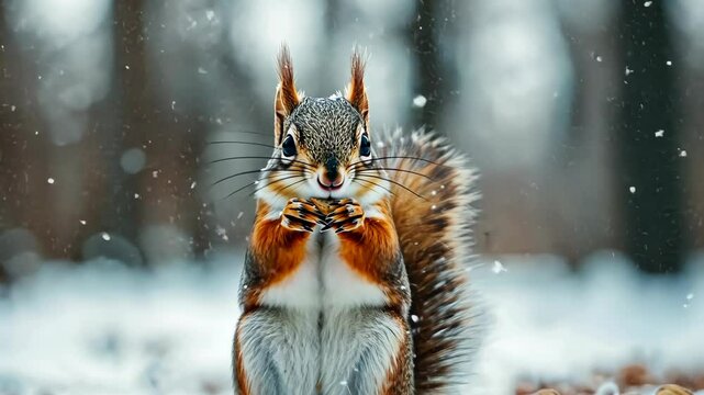 A squirrel stands in the snow, holding a nut in its paws, looking at the camera