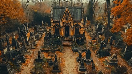 Aerial View of Old Cemetery with Gothic Mausoleum and Fallen Autumn Leaves