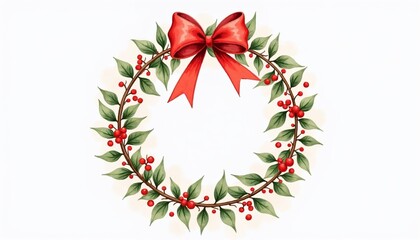 Festive Christmas wreath with red bow and berries on white background