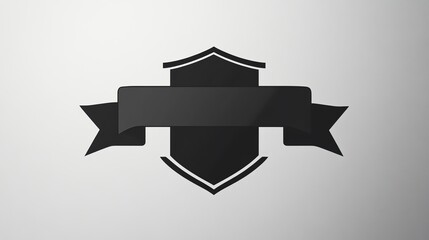 A black and white graphic of a blank shield emblem with a banner for text.