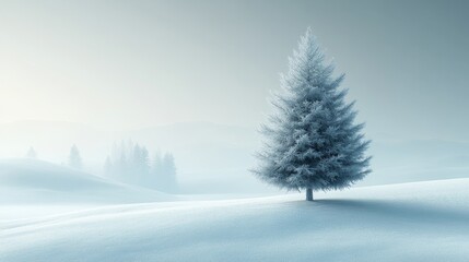 Obraz premium Solitary pine tree in snowy landscape, serene