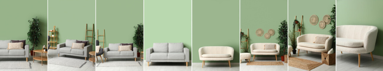 Collage of stylish sofas near green wall in living room