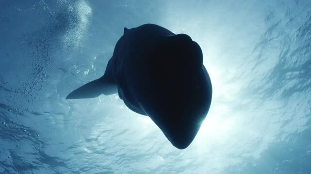 A magnificent upward shot of a sperm whale (Physeter macrocephalus) in a vertical position, head down, its silhouette gracefully outlined against the light from the surface.