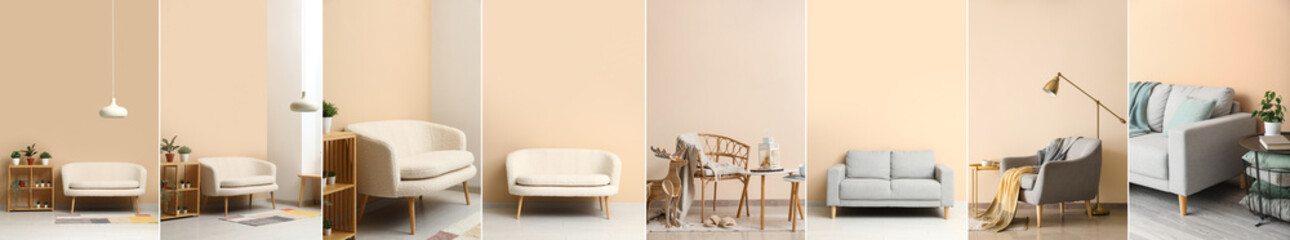 Collage of stylish furniture near beige wall in living room