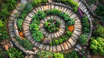 Circular crop formations in a permaculture garden, a mix of vegetables, herbs, and flowers, promoting sustainable and eco-friendly agricultural practices