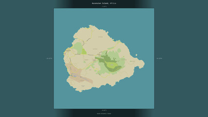 Ascension Island, Saint Helena, Ascension and Tristan da Cunha, highlighted and labelled. Topo Humanitarian © zelwanka