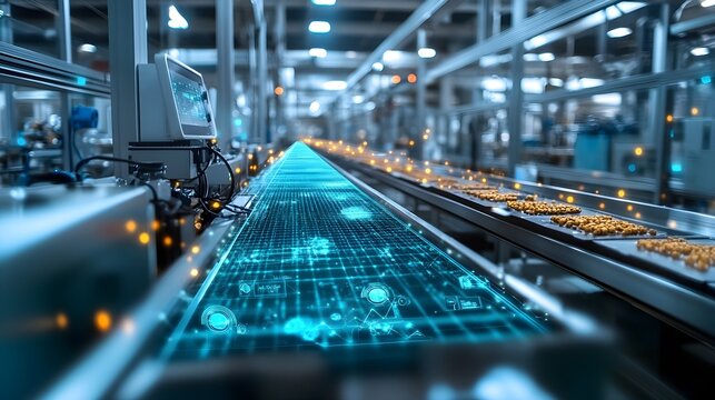 A pristine food production line with AI sensors monitoring product quality, sleek machinery, and digital screens displaying real-time data analytics