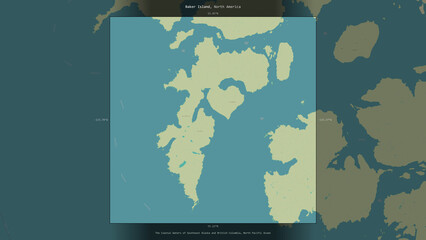 Baker Island, United States, highlighted and labelled. Topo Humanitarian © zelwanka
