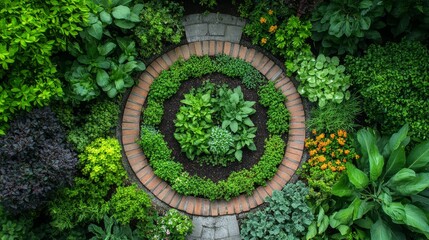 Circular herb garden with dedicated sections for fresh culinary herbs like basil, and medicinal plants like aloe vera, arranged in a symmetrical pattern