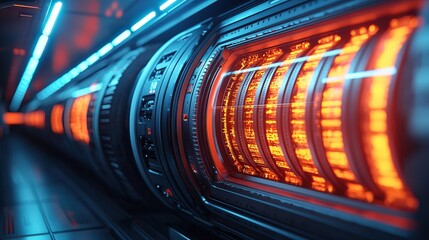 Futuristic Industrial Machine with Glowing Orange Lights and Blue Neon