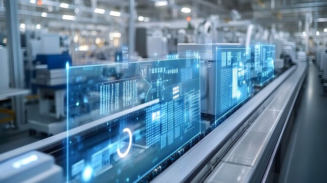 Automated AI-powered machines scanning food packages for contaminants, high-tech factory floor, multiple screens displaying data analysis