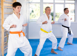 Young guy karateka practicing karate technique in group in gym