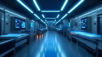 Obraz premium High-tech food factory with automated AI scanners, digital holograms display product quality data, minimalistic design, cold blue lighting, Sci-Fi, Ultra-realism