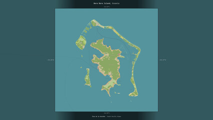 Bora Bora Island, France, highlighted and labelled. Topo Humanitarian © zelwanka