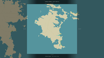 Lively Island, Falkland Islands, highlighted and labelled. Topo Humanitarian © zelwanka
