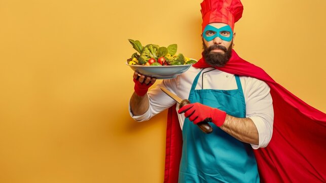 A man dressed as a superhero chef holds a plate of fresh vegetables and a knife in his hand, ready to conquer the kitchen!