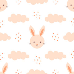 Charming seamless pattern featuring cute rabbits and fluffy clouds. Perfect for children's textiles, adding a soft and dreamy touch to fabrics, decor, ideal for nursery and kids' rooms