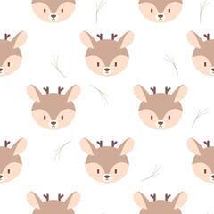 Adorable seamless pattern featuring sweet fawns, branches, and leaves. Ideal for children's textiles, adding a touch of nature and charm to fabrics, decor, perfect for nursery and kids' rooms