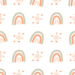 Colorful seamless pattern featuring vibrant rainbows and sparkling stars. Perfect for children's textiles, adding a joyful and whimsical touch to fabrics, decor