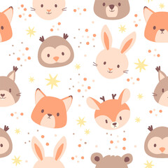 Charming seamless pattern featuring a delightful ensemble of a fox, rabbit, fawn, bear cub, owl, and squirrel. 
