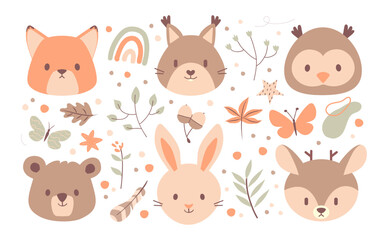 Charming illustration featuring a delightful ensemble of a fox, rabbit, fawn, bear cub, owl, and squirrel, surrounded by twinkling stars and playful leaves. 