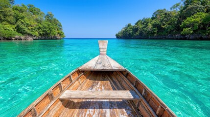 Fototapeta premium Wooden Longtail Boat on Clear Turquoise Water in Tropical Lagoon