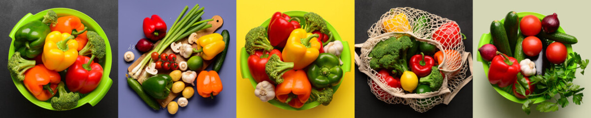 Set of healthy fresh vegetables on color background, top view