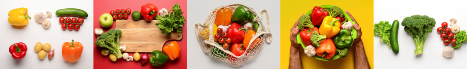 Set of healthy fresh vegetables on color background, top view