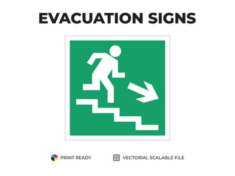Emergency exit sign. Direction to the evacuation exit sign. Up the stairs to the right. Universal symbol for safe evacuation used in public buildings. Safety signage vector with green background.