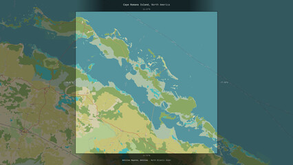 Cayo Romano Island, Cuba, highlighted and labelled. Topo Humanitarian © zelwanka