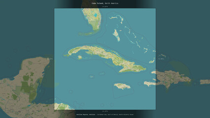 Cuba Island, Cuba, highlighted and labelled. Topo Humanitarian © zelwanka
