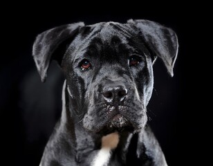 Close up macro shot of a black cane corso puppy