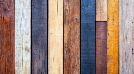 A close-up shot of a wall made from vertical wooden planks of different colors and textures.