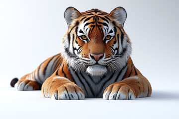 Cute Resting Tiger: A tiger lying down, staring intently against a white background