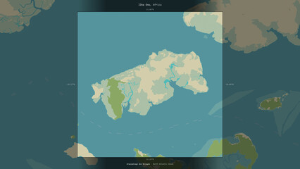 Ilha Enu, Guinea-Bissau, highlighted and labelled. Topo Humanitarian © zelwanka