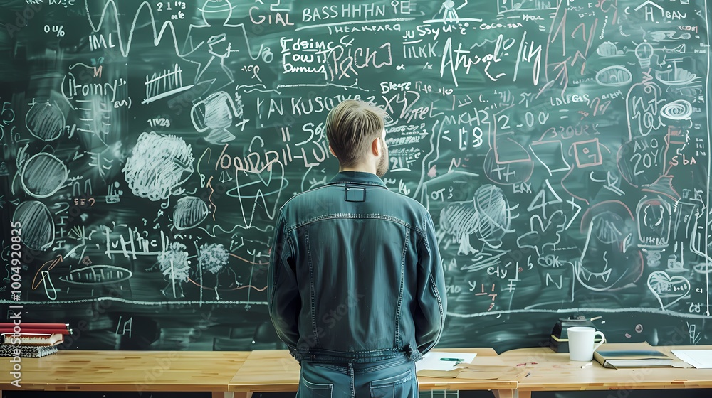 Poster a man standing in front of a chalkboard with lots generative ai .