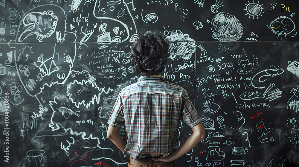 Poster a man standing in front of a chalkboard with lots of writing on it and a chalkboard behind him, gene