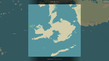 Pulau Gam, Indonesia, highlighted and labelled. Topo Humanitarian © zelwanka
