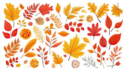 A collection of colorful autumn leaves and branches in various shapes and sizes, isolated on a white background.