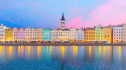 Obraz premium Colorful Old Town Tallinn Buildings at Sunset with Water Reflection