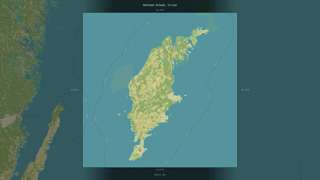 Gotland Island, Sweden, highlighted and labelled. Topo Humanitarian