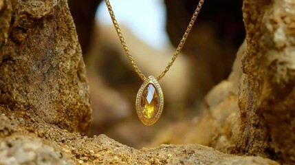 Fototapeta premium Elegant Gold Necklace with Gemstone on Earthy Background