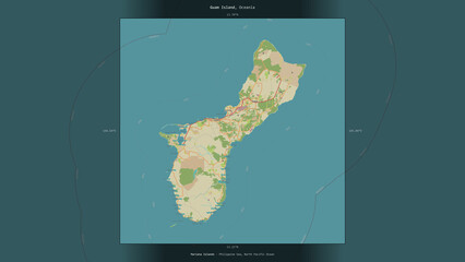 Guam Island, United States, highlighted and labelled. Topo Humanitarian © zelwanka