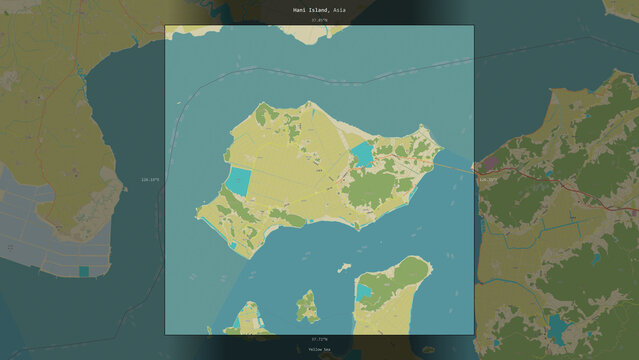 Hani Island, South Korea, highlighted and labelled. Topo Humanitarian