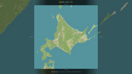 Hokkaido Island, Japan, highlighted and labelled. Topo Humanitarian © zelwanka