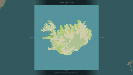 Iceland Island, Iceland, highlighted and labelled. Topo Humanitarian © zelwanka