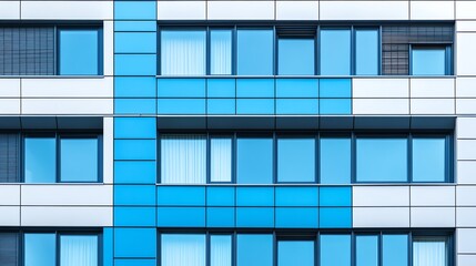 A close-up of a modern building facade with a blue and white tiled pattern.