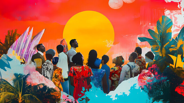 Diverse group of people against a backdrop of surreal elements, digital collage, bright and imaginative, celebrating global unity. Surreal Collage. Illustration