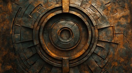 Fototapeta premium Intricate circular metal design on an industrial surface illuminated by moody lighting